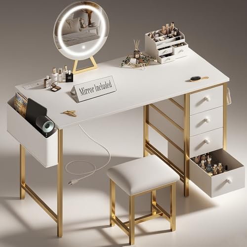 Gold Vanity Desk with Mirror and Light and Chair E519