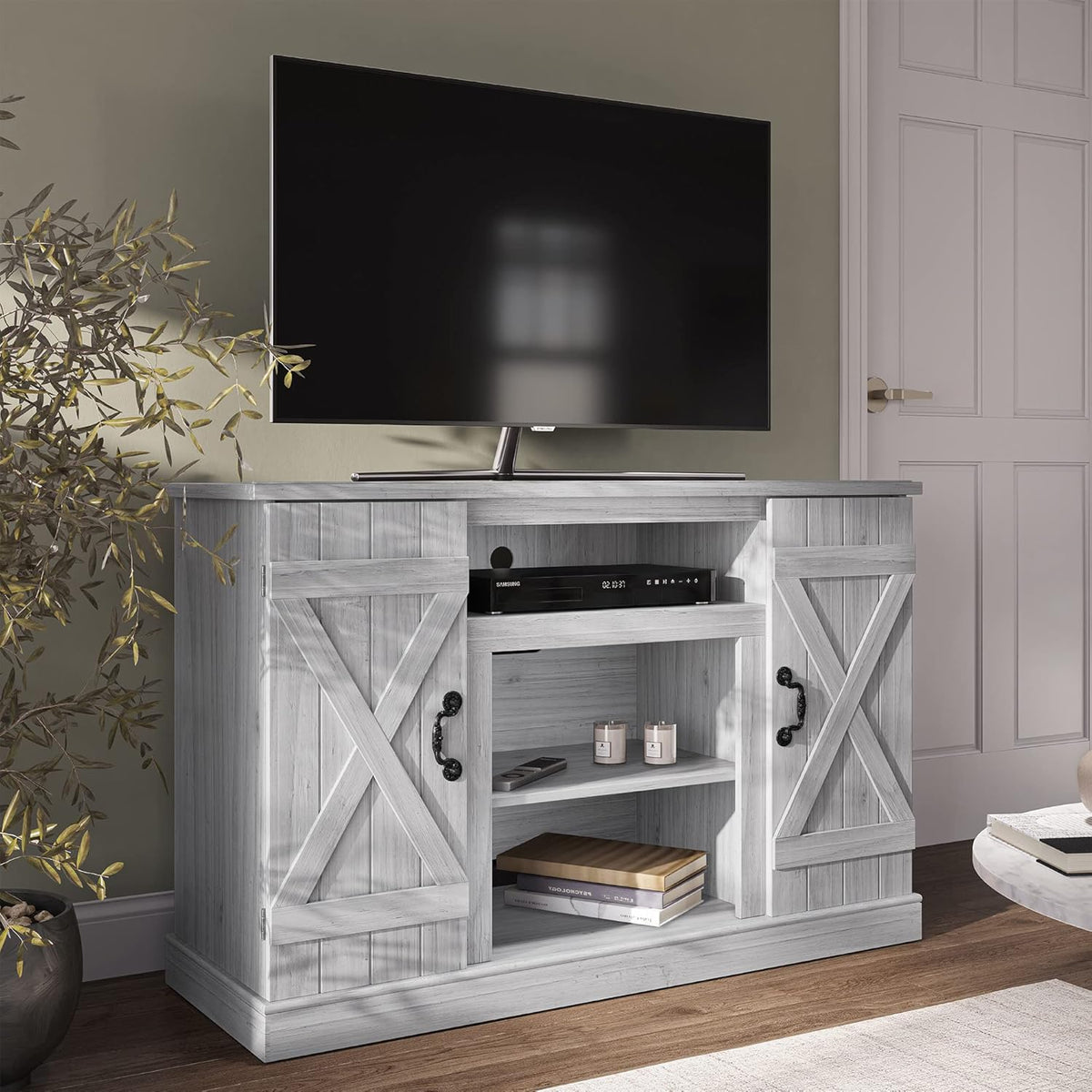 Industrial Electric Fireplace TV Stand with Open Storage Shelves Q32619