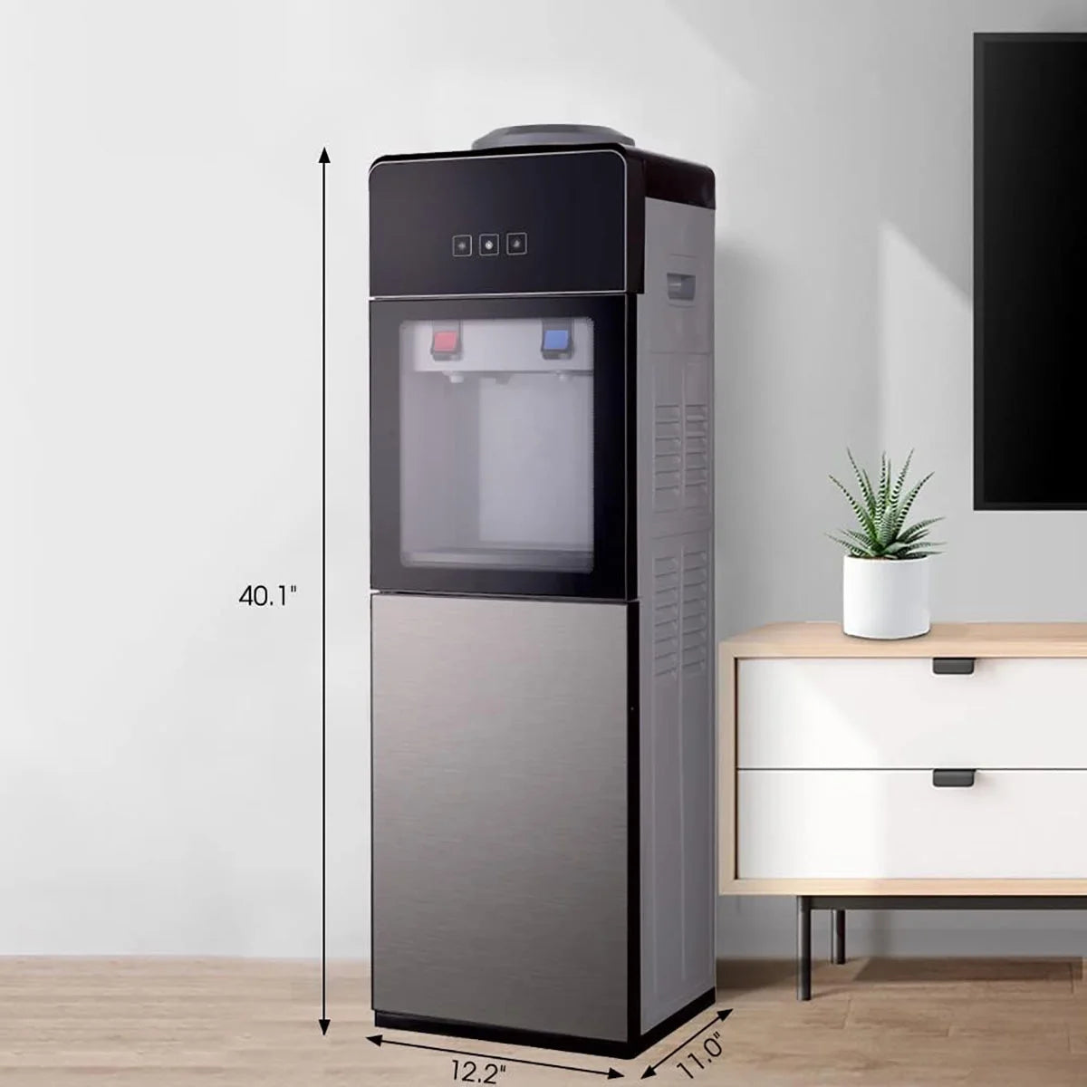Top-Loading Water Dispenser for 5 Gallon Bottles, Hot & Cold Water Cooler with Storage Cabinet & Glass Door, Gray P7887