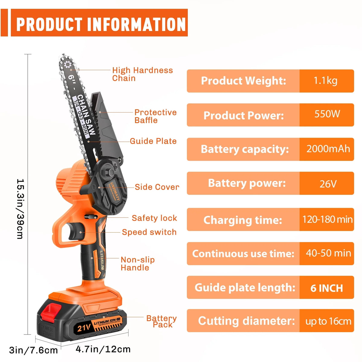 6 Inch Cordless Mini Chainsaw with 2 Batteries 2 Chains T30273