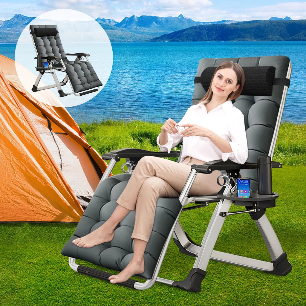 Zero Gravity Chair Set of 2 Gray Folding Recliner with Pillows and Cup Holder L525095