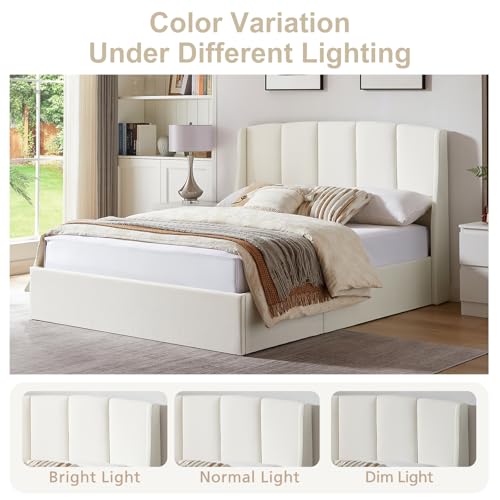 White Queen Size Lift-Up Storage Upholstered Platform Bed with Wingback Headboard V954