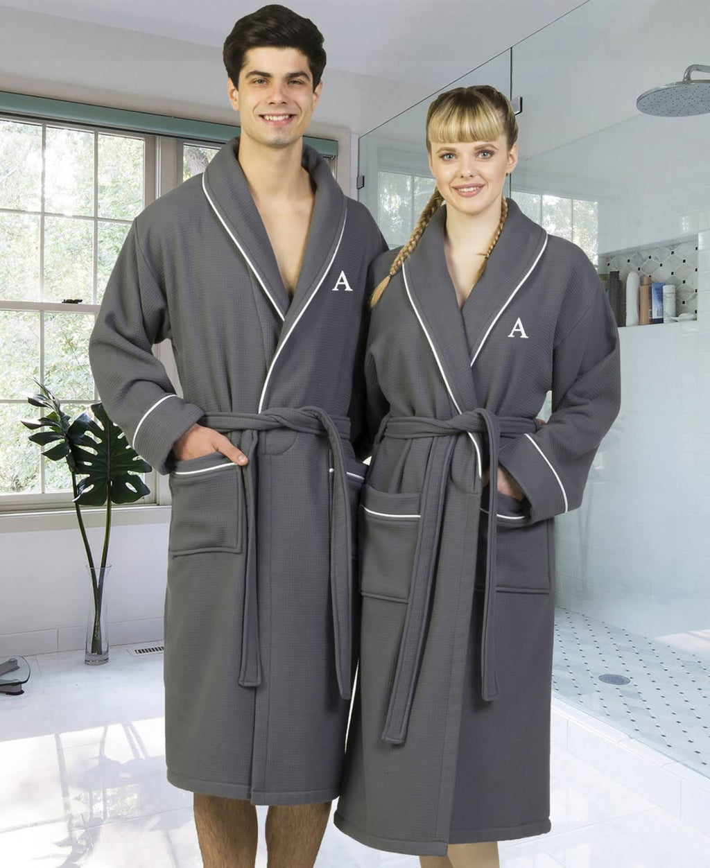 Dark Gray Turkish Cotton Waffle Terry Bathrobe U32804