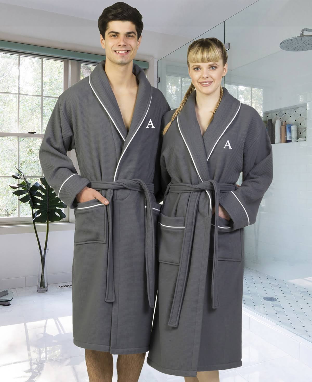 Dark Gray Turkish Cotton Waffle Terry Bathrobe U32804