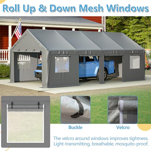 Carport 20x12ft Portable Garage with Roll-up Ventilated Windows & Removable Sidewalls F248