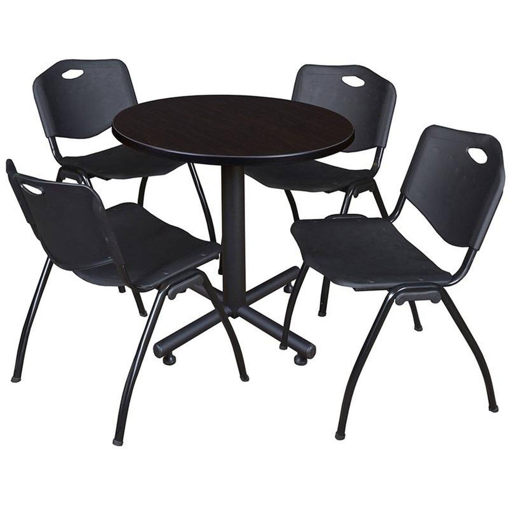 Mocha Walnut Round Breakroom Table with 4 Black Stack Chairs Q2256