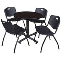 Mocha Walnut Round Breakroom Table with 4 Black Stack Chairs Q2256