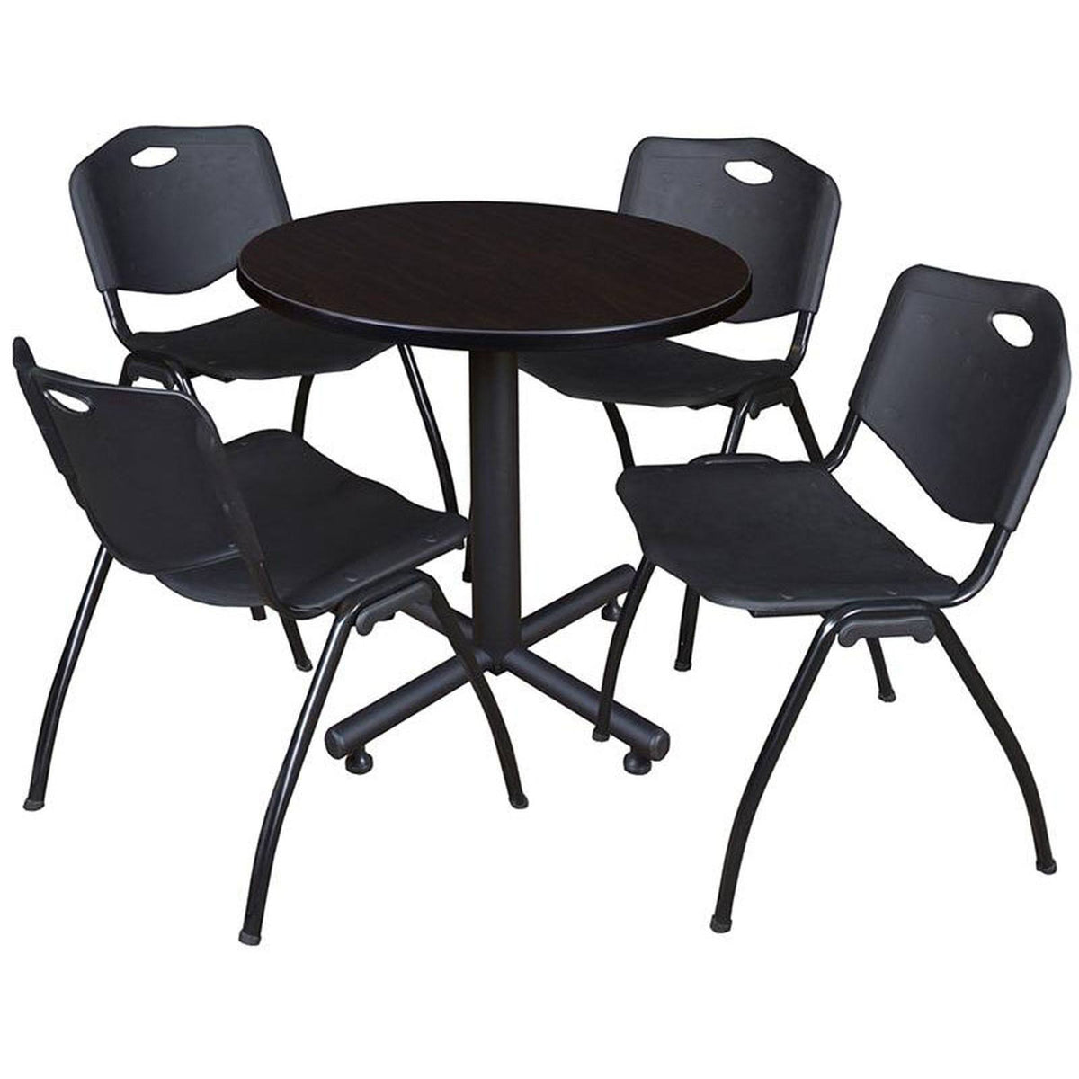 Mocha Walnut Round Breakroom Table with 4 Black Stack Chairs Q2256
