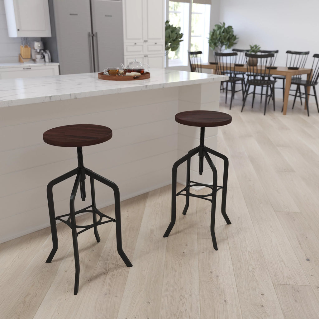 30 Inch Black Metal and Wood Adjustable Height Swivel Bar Stool C8620