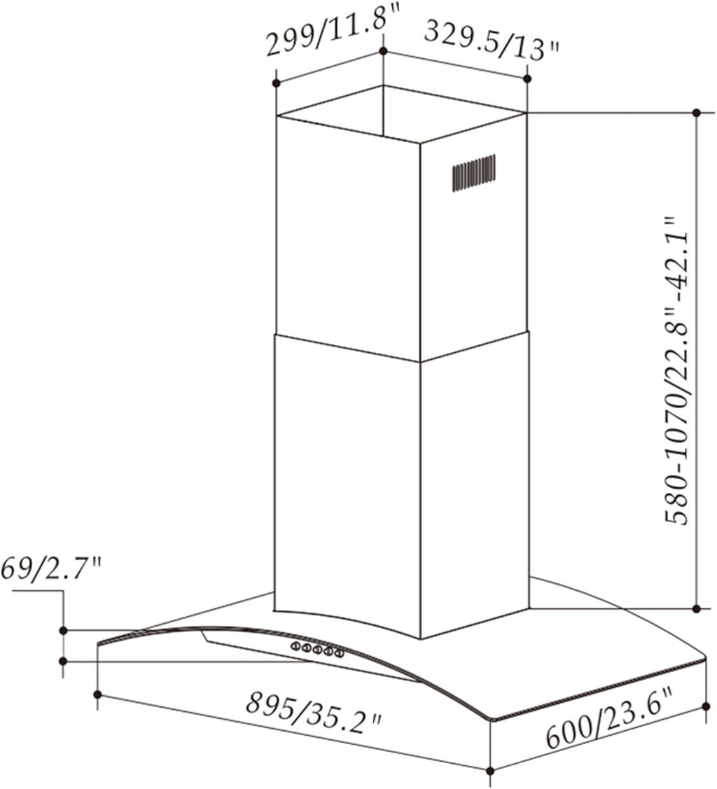 36 in. 343 CFM Convertible Island Mount Range Hood Black Painted Stainless Steel Glass Carbon Filters I73564