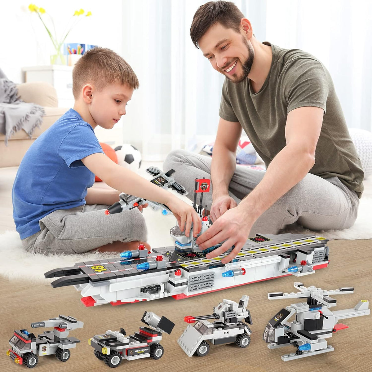 1630 Pieces Aircraft Carrier Building Blocks Set with Army Car, Helicopter, Airplane, Warship, Boat P383690