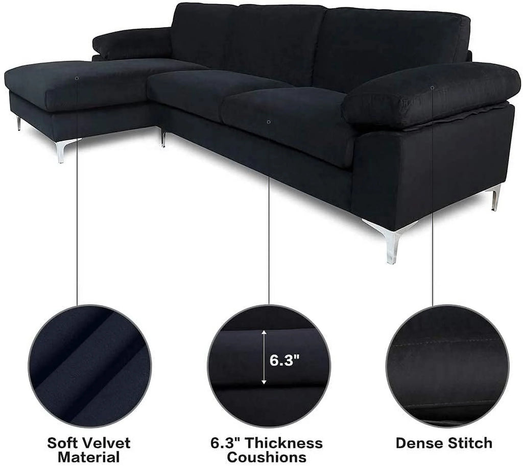 Black Velvet L-Shaped Sectional Sofa with Metal Legs X779296
