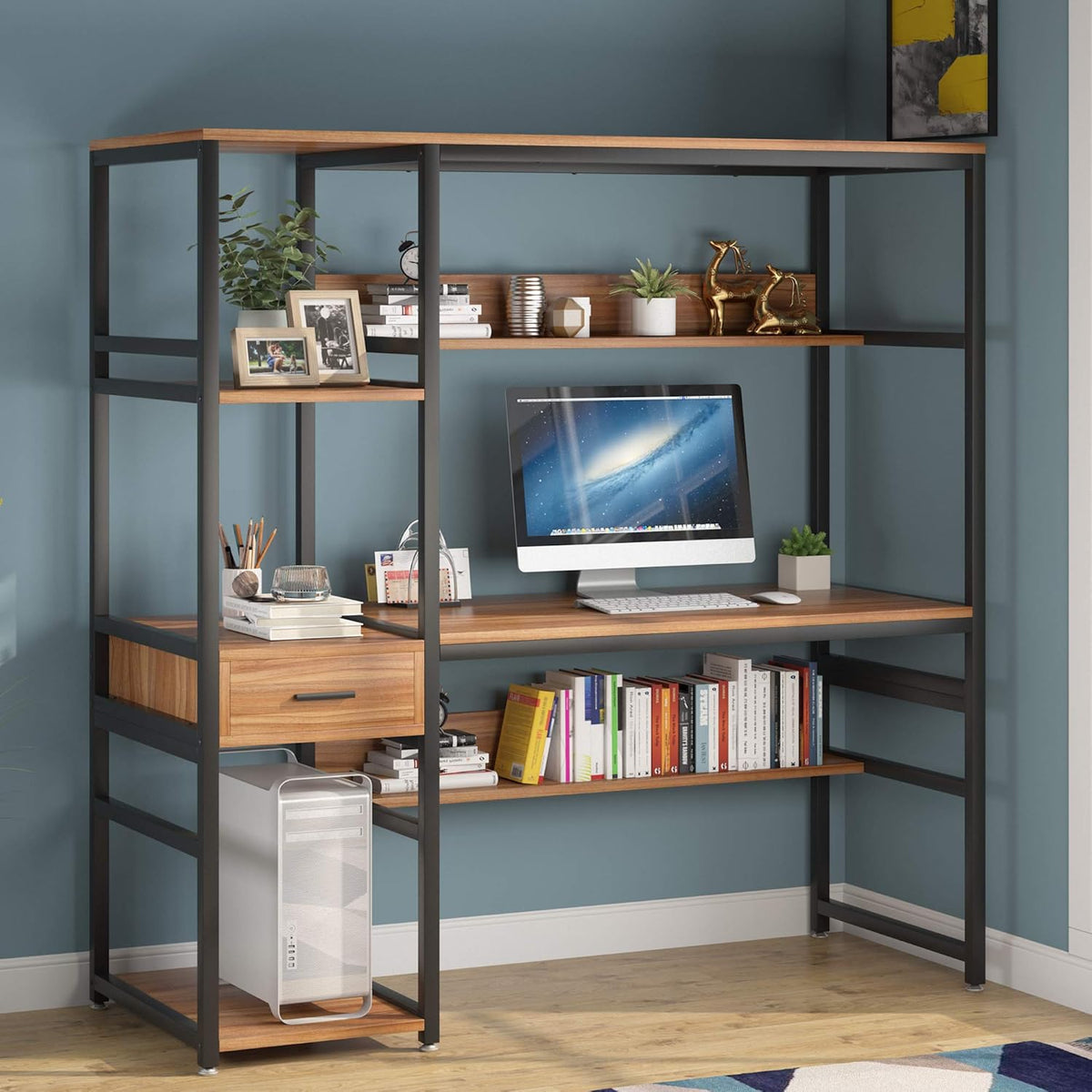 59 Inches Computer Desk with 5 Shelves and Drawer F59761
