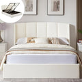 White Queen Size Lift-Up Storage Upholstered Platform Bed with Wingback Headboard V954
