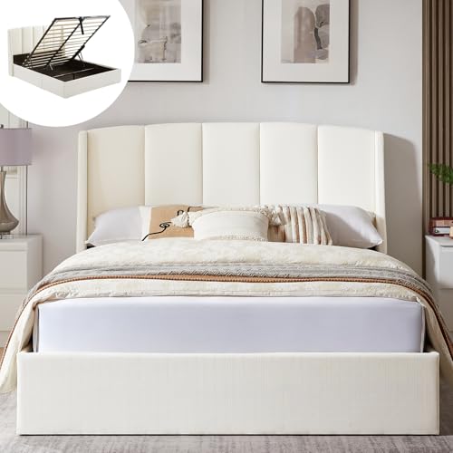 White Queen Size Lift-Up Storage Upholstered Platform Bed with Wingback Headboard V954