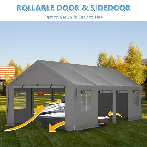 Carport 20x12ft Portable Garage with Roll-up Ventilated Windows & Removable Sidewalls F248