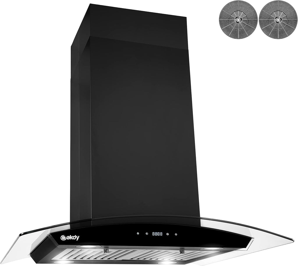 36 in. 343 CFM Convertible Island Mount Range Hood Black Painted Stainless Steel Glass Carbon Filters I73564