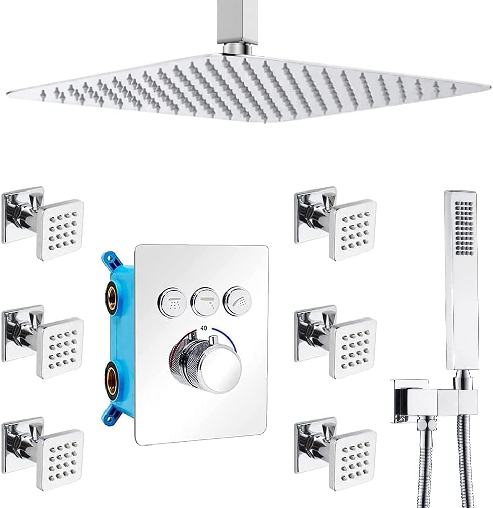 12 Inch Matte Black LED Rainfall Shower System with Body Jets U425