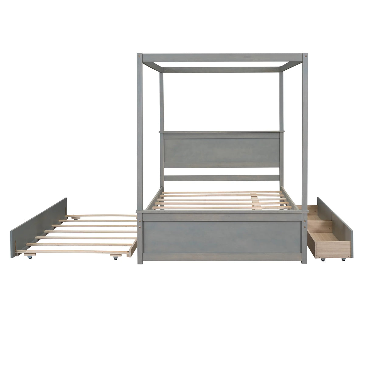 Gray Full Size Canopy Bed Frame with Trundle and 2 Storage Drawers E854