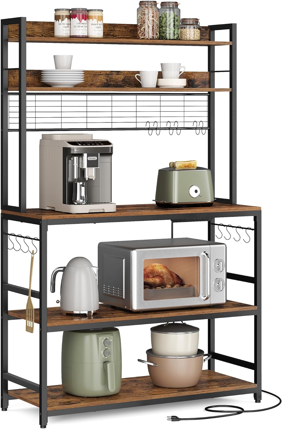 Rustic Brown and Black Kitchen Storage Shelf with Power Outlet B278