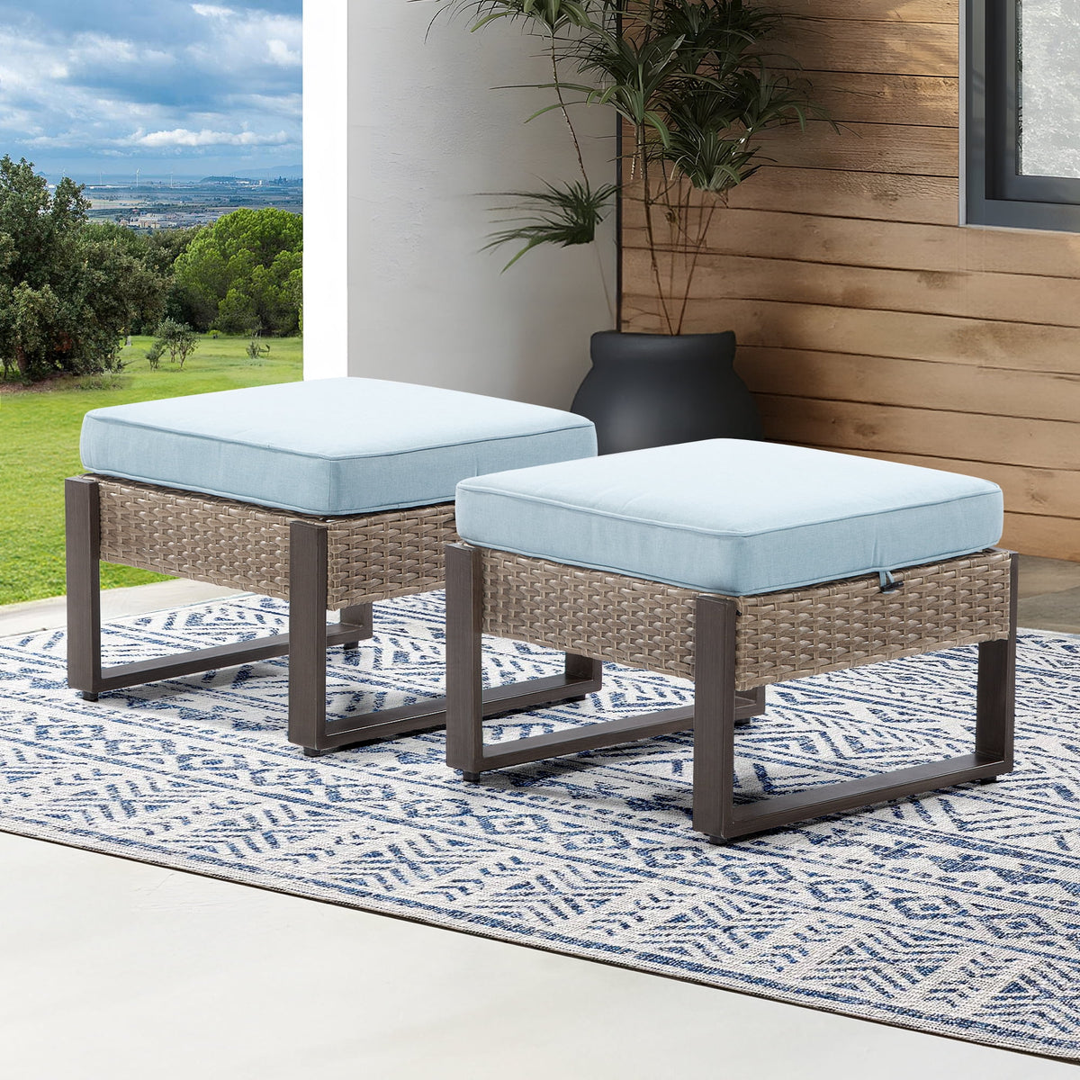 2-Piece PE Rattan Ottomans with Removable Cushions B913
