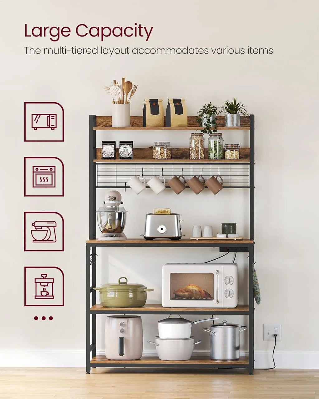 Rustic Brown and Black Kitchen Storage Shelf with Power Outlet B278