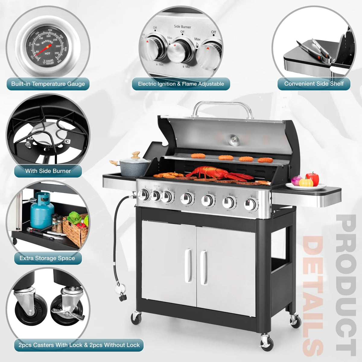 6 Burner Propane Gas Grill with Side Burner Stainless Steel B374