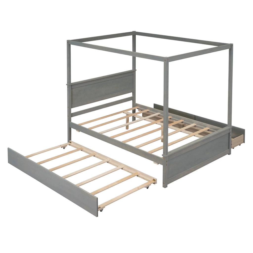 Gray Full Size Canopy Bed Frame with Trundle and 2 Storage Drawers E854