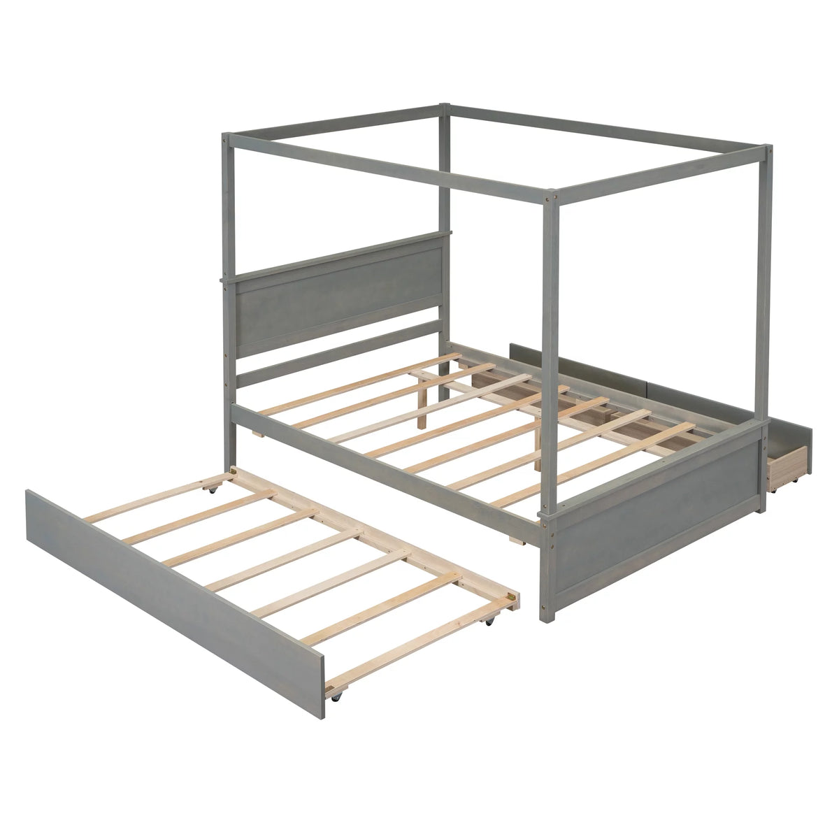 Gray Full Size Canopy Bed Frame with Trundle and 2 Storage Drawers E854