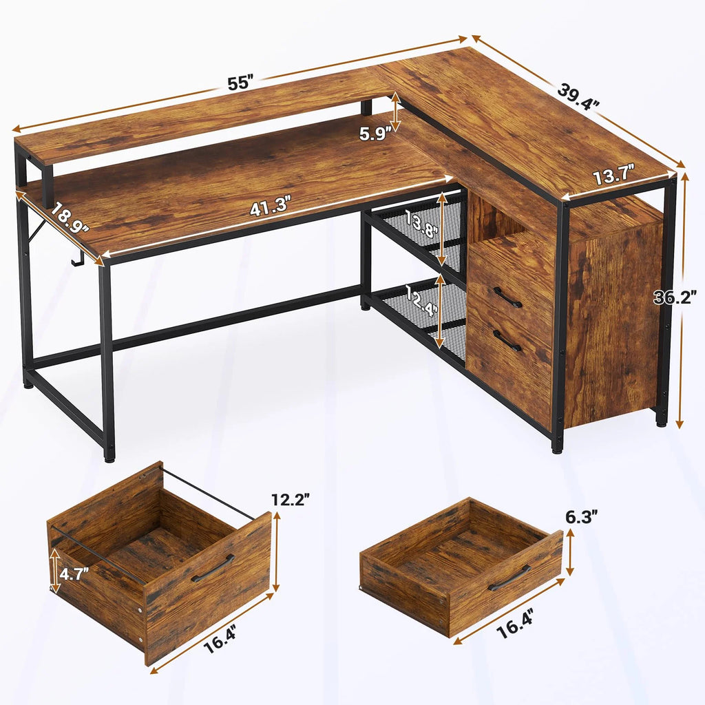Brown L Shaped Computer Desk with LED Lights and 2 Drawers Q97173