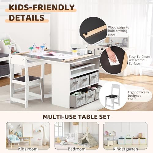 Kids Art Table and Chairs Set with Storage Desk and Art Supply Organizer M94268