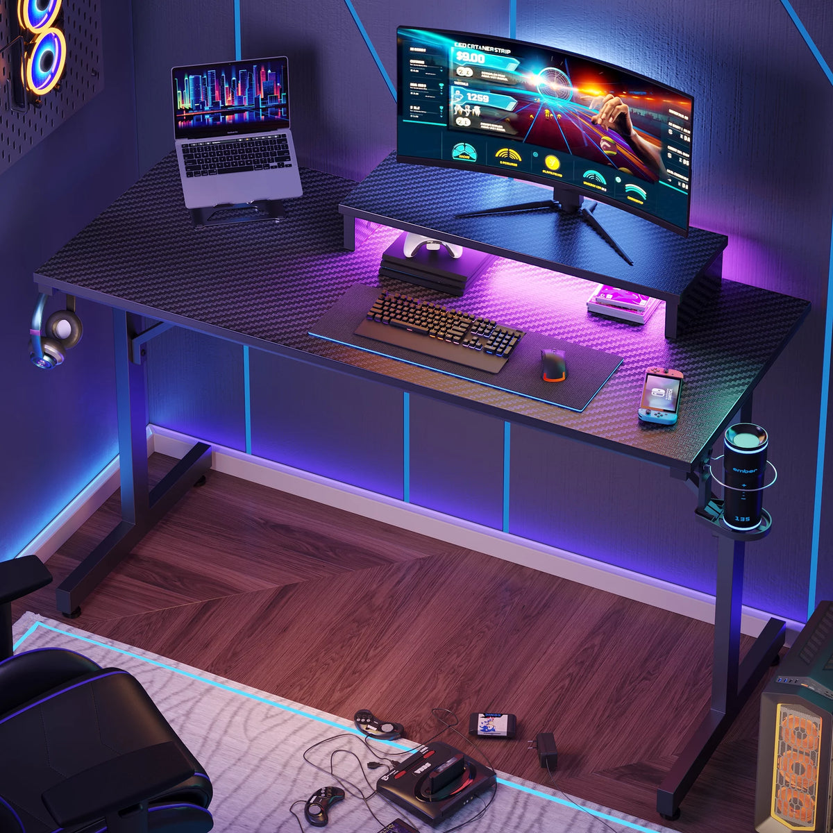 42" Gaming Desk with LED Lights, Monitor Stand, Headphone Hook, Cup Holder in Carbon Fiber Black E879
