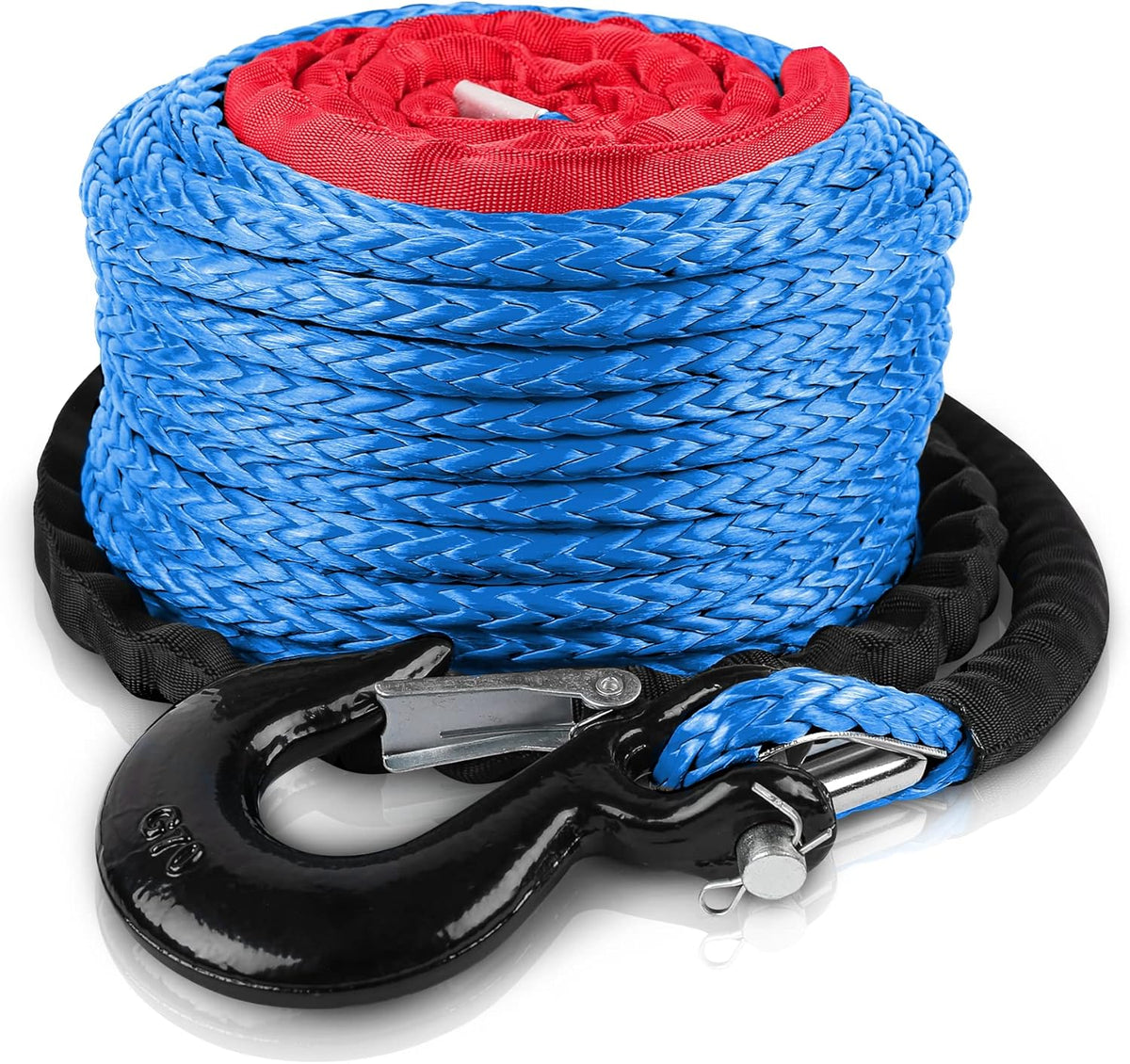 Synthetic Winch Rope 3/8 x 100ft with Protective Sleeve and Heavy-Duty Hook, Blue, Pack of 2 Q999