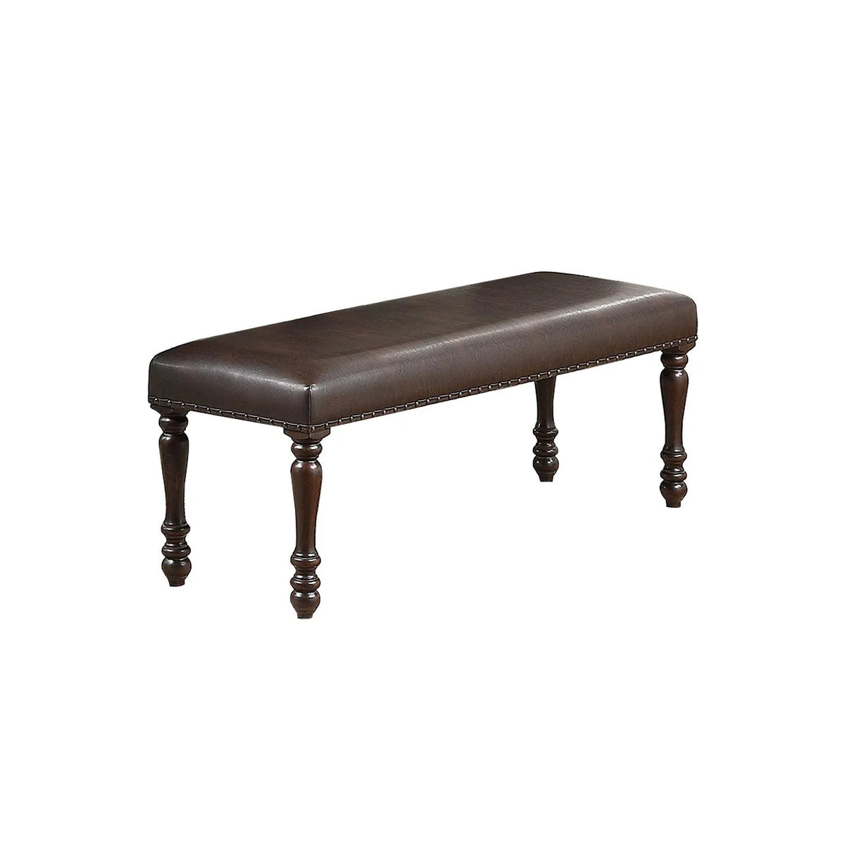 Cherry Finish Faux Leather 1X Bench Rubber Wood Foam Cushion Carved Legs W544