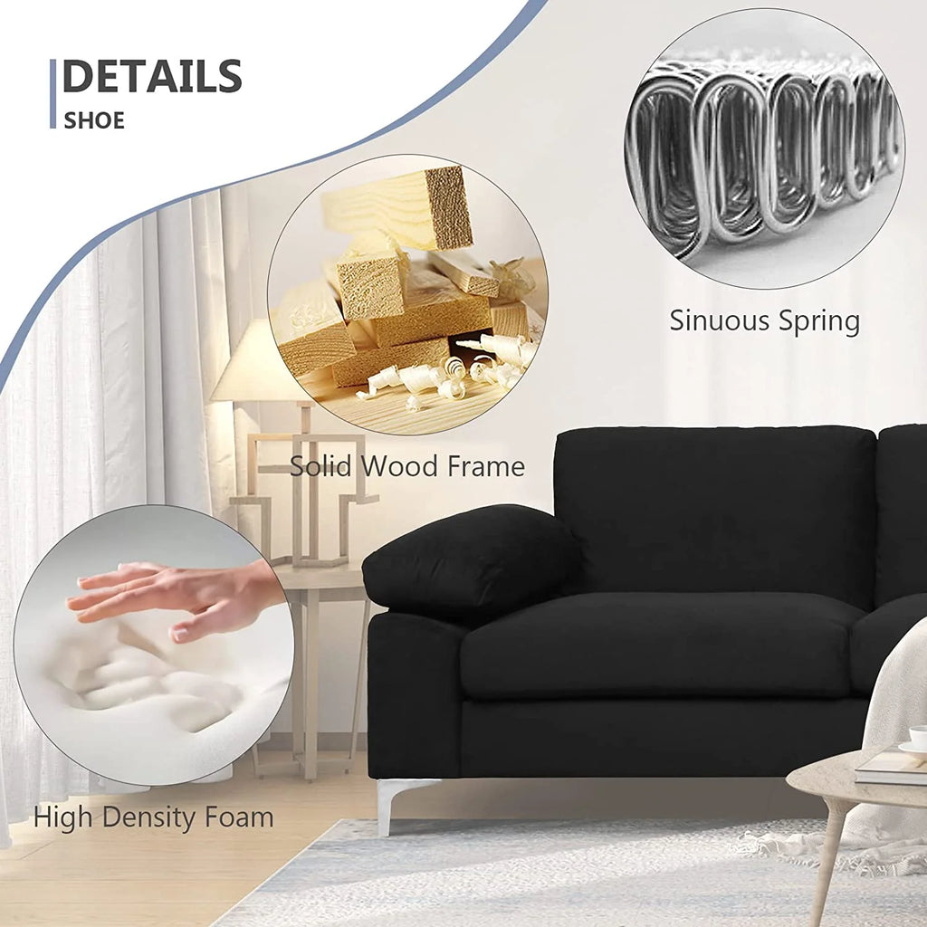 Black Velvet L-Shaped Sectional Sofa with Metal Legs X779296