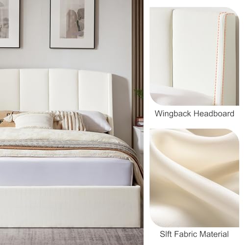 White Queen Size Lift-Up Storage Upholstered Platform Bed with Wingback Headboard V954