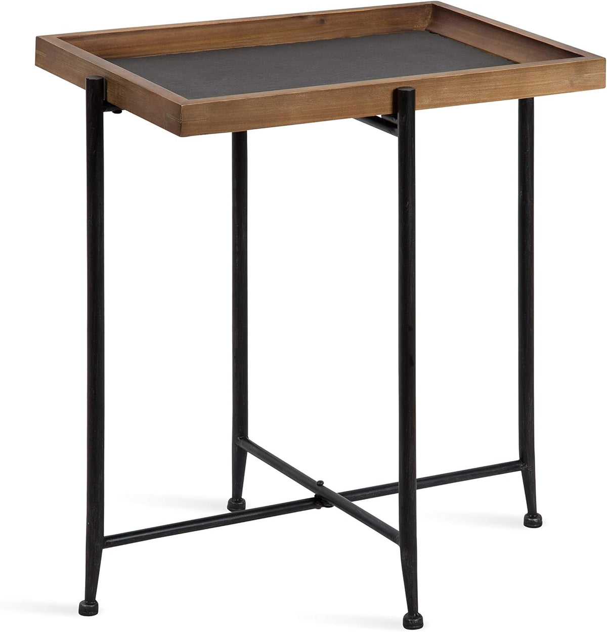 Rustic Brown Wood and Slate Side Accent Table with Black Iron Metal Base L9400