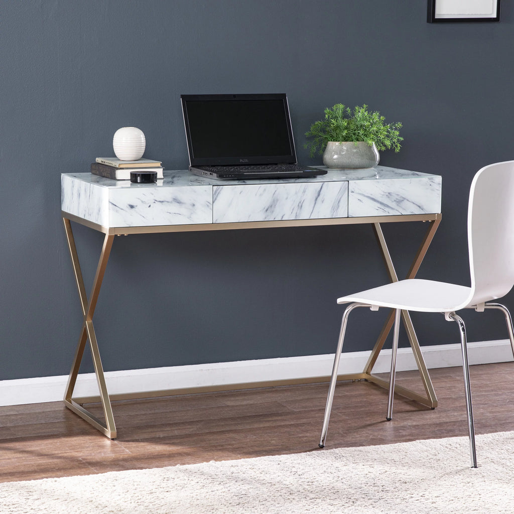 Gold Faux Marble Writing Desk with Storage H2261