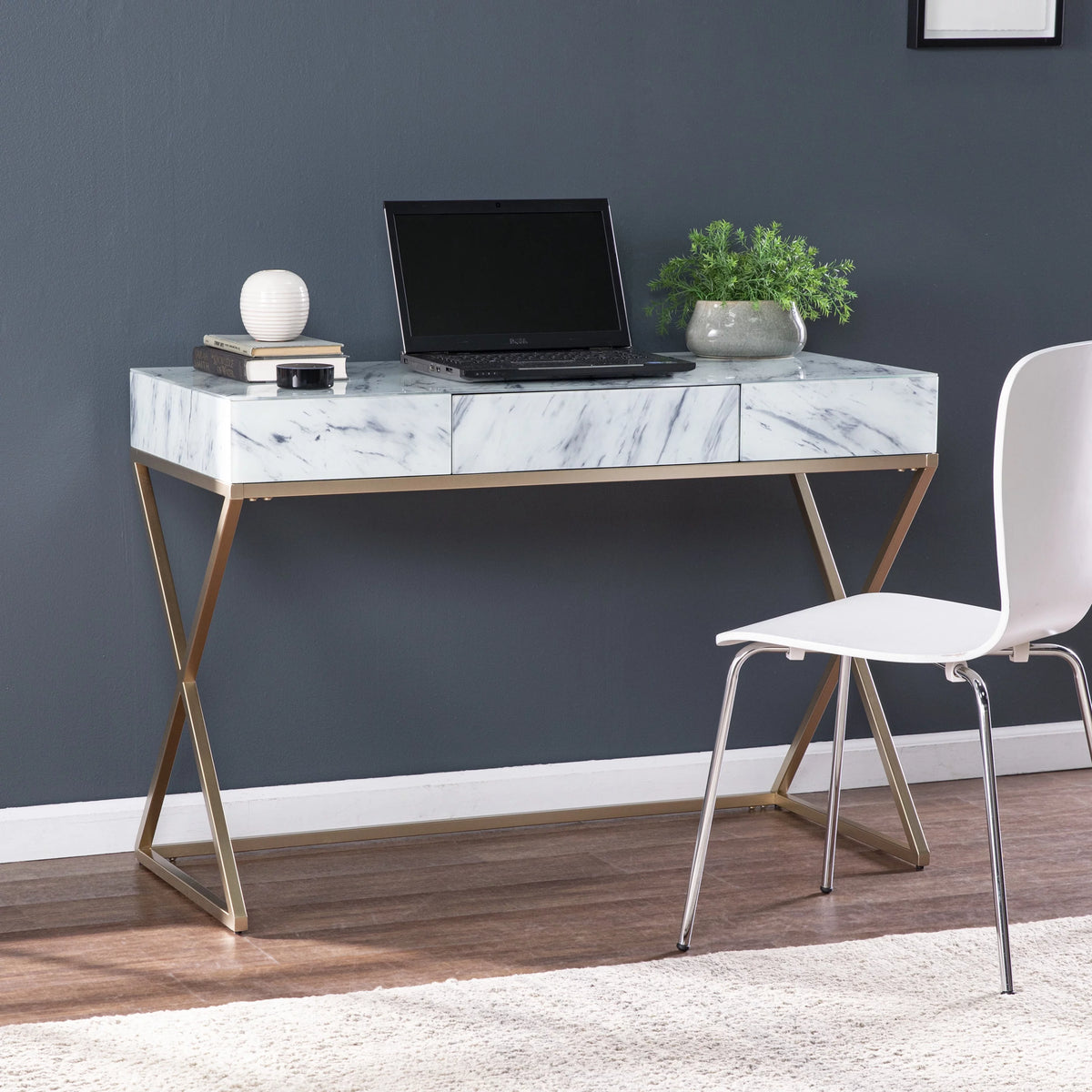 Gold Faux Marble Writing Desk with Storage H2261