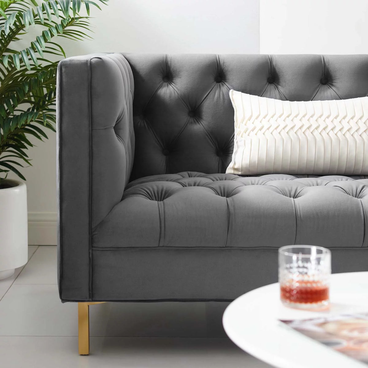 Gray Tufted Button Performance Velvet Sofa Q331933