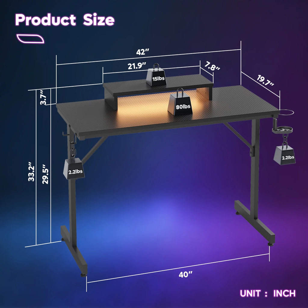 42" Gaming Desk with LED Lights, Monitor Stand, Headphone Hook, Cup Holder in Carbon Fiber Black E879