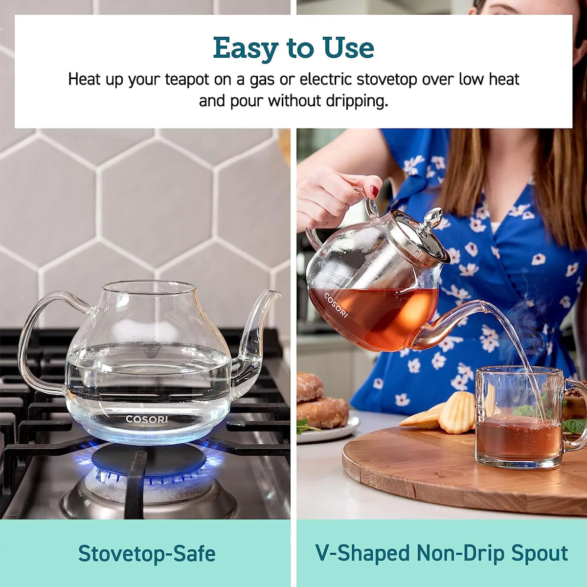 Glass Teapot Stovetop Gooseneck Kettle with Removable Stainless Steel Infuser, Borosilicate, 1000 ml, Transparent O308