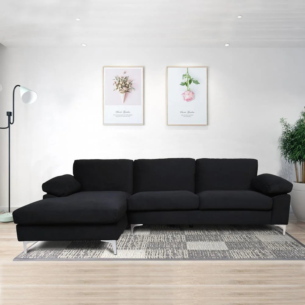Black Velvet L-Shaped Sectional Sofa with Metal Legs X779296