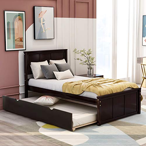 Twin Espresso Wood Low Platform Bed Frame with Headboard and Footboards A25756