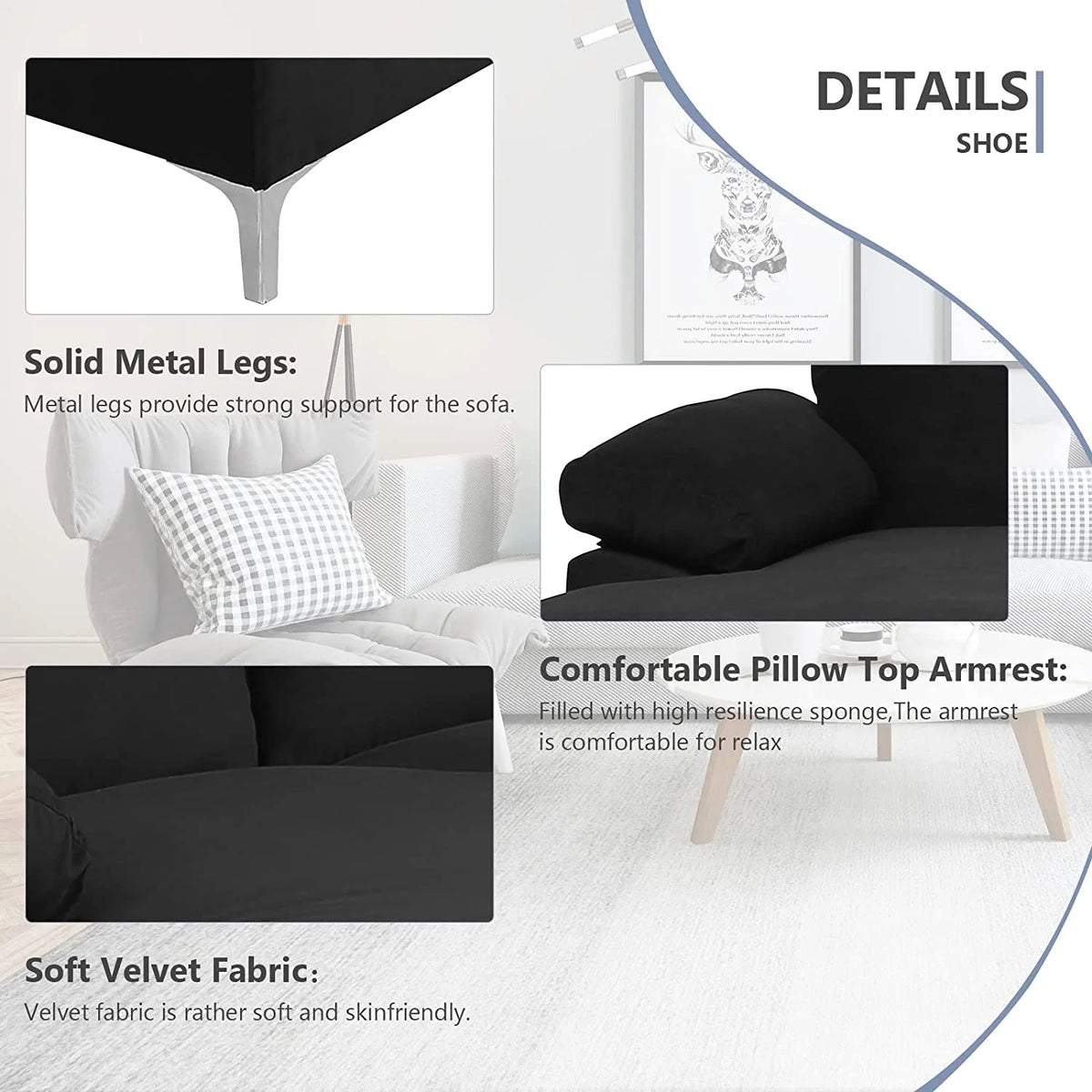 Black Velvet L-Shaped Sectional Sofa with Metal Legs X779296