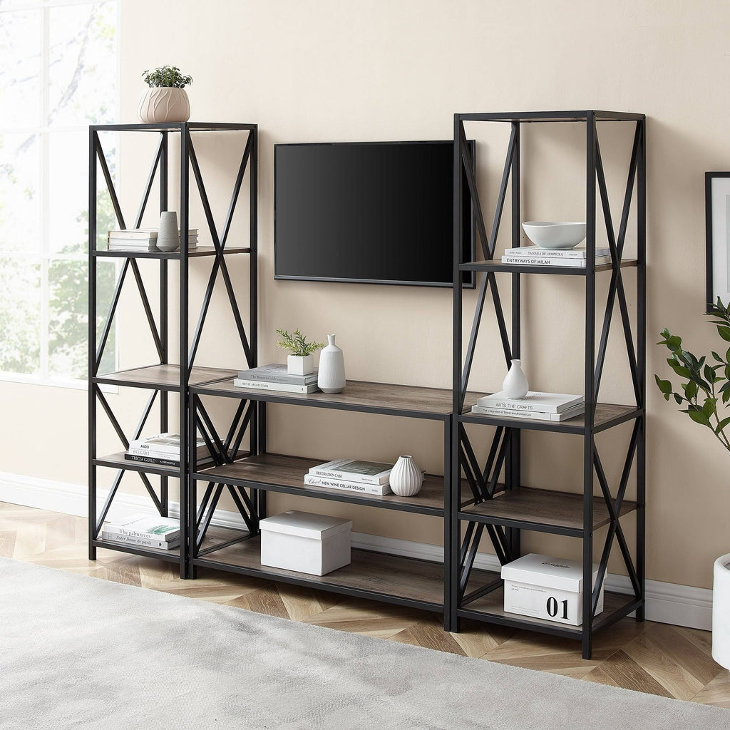 3-Piece X-Frame Entertainment Wall - Dark Walnut / Black Metal X382621