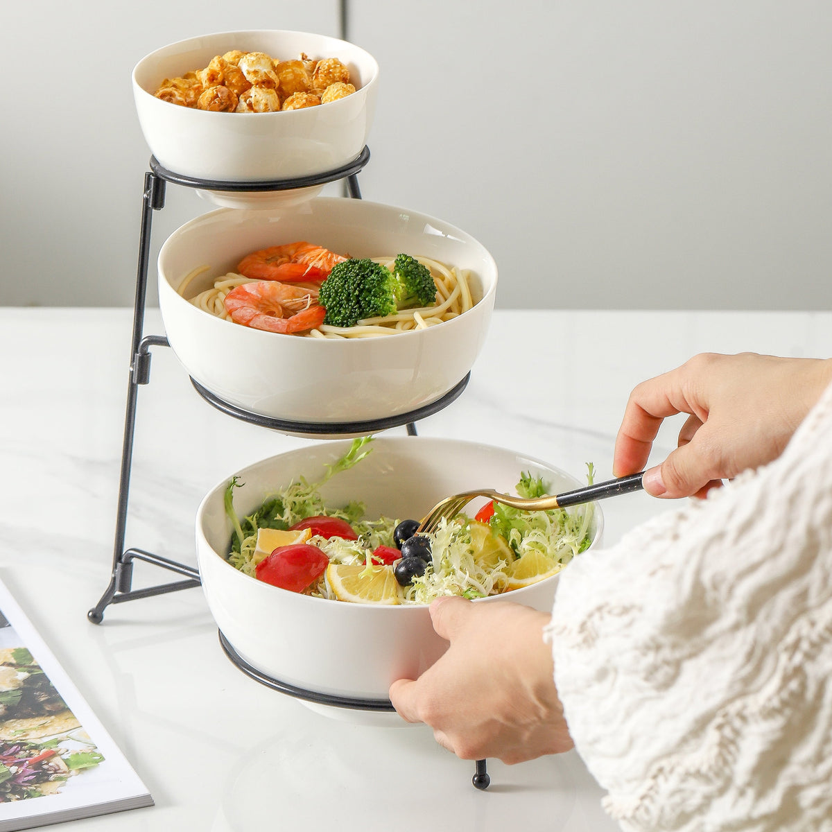 3 Tier Ceramic Serving Bowl Set with Metal Rack C16290