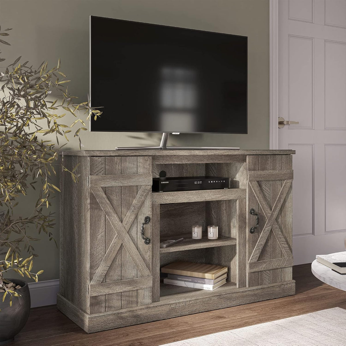 Industrial Electric Fireplace TV Stand with Open Storage Shelves Q32619