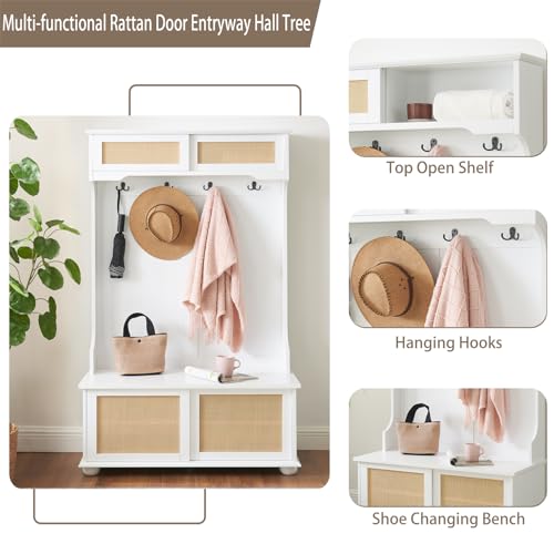 64" 3-in-1 Hall Tree Entryway Four Hooks Rattan Door Shelves Shoe Storage Bench Cabinets with Solid Feet L40994