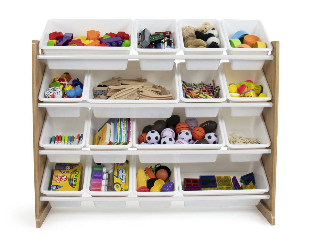 Kids Wood Toy Storage Organizer with 16 White Plastic Bins V394